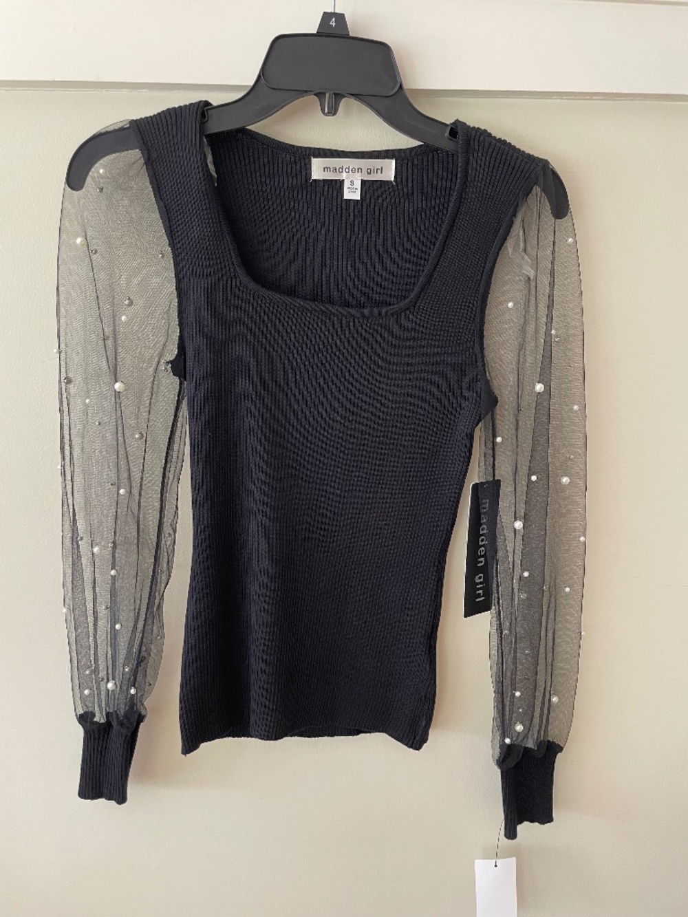 NWT Madden Girl Square Neck Pearl Mesh Sleeve Top Black l size S